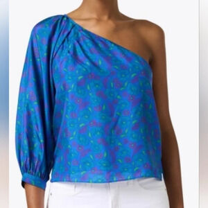 NWT Veronica Beard 100% Silk Lyric Top in Cobalt, One-shoulder, Floral Print.